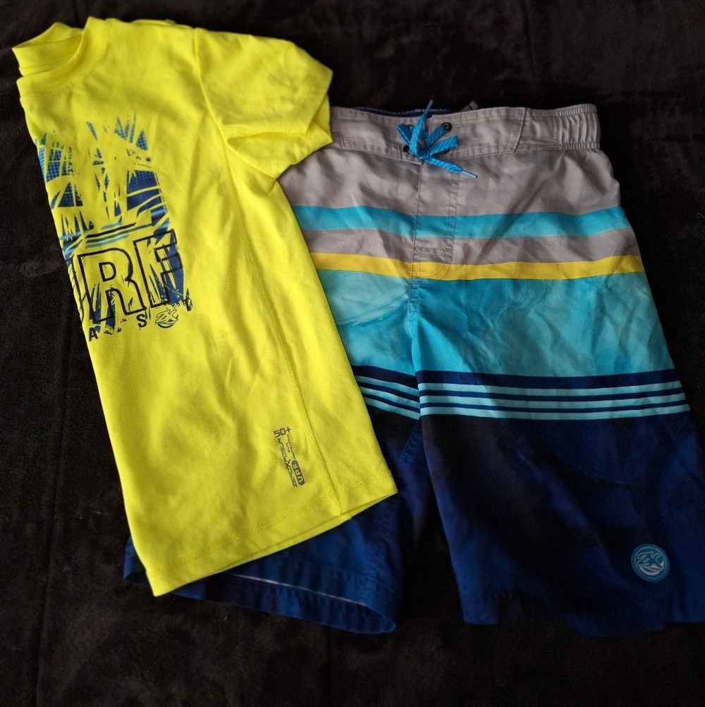 ZeroXposur Blue and Gray Swim Trunks & Rash Guard